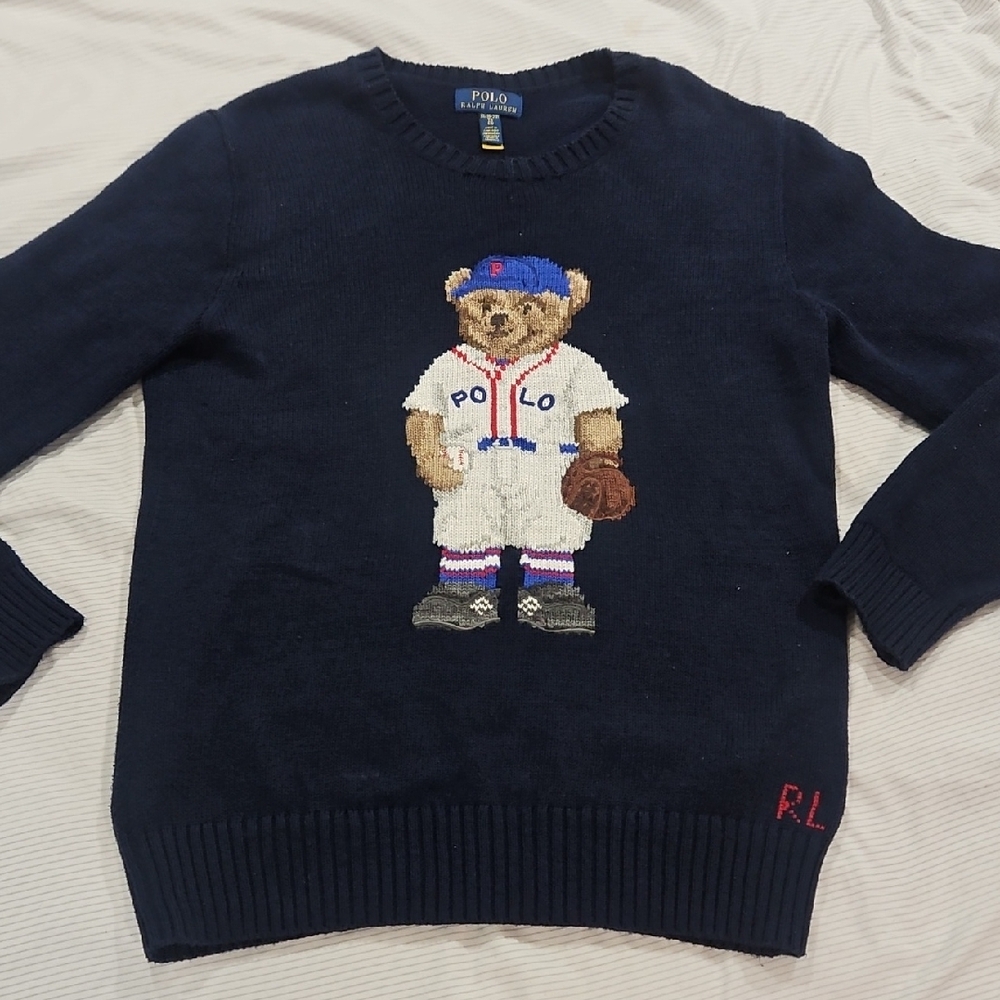 Polo by Ralph Lauren Navy Crewneck Sweater with Baseball Bear Kids XL (18-20)